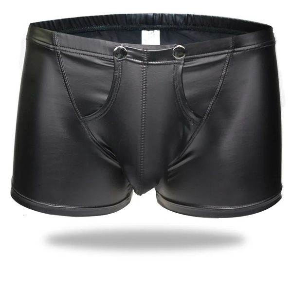 Plus Size Sexy Men Boxer Open Crotch Faux Dessous Bühne u konvexer Beutel Schwarzer Lackleder Boxer Shorts Unterwäsche xxl 240506