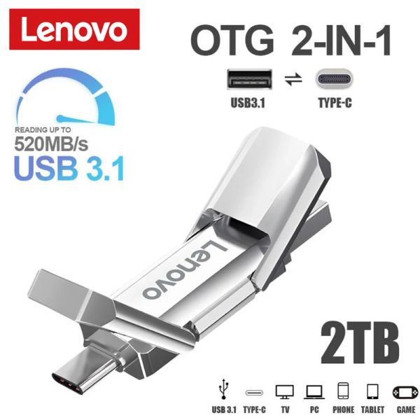 Adaptör Lenovo USB 3.1 2TB Flash Sürücü 2 İçinde 1 OTG 1TB 512GB Yüksek Hızlı Metal U Disk Bellek Tipi C Mobil Depolama Su Geçirmez USB Stick