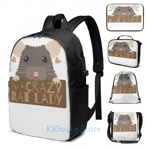 Rucksack lustiger Grafikdruck Ich bin eine verrückte Ratte Dame subtile süße Ratten Gesichts USB -Ladung Männer Schultaschen Frauen Taschen Laptop