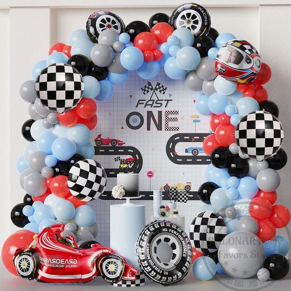 1Set Racing Car Theme Ballon Garland Erz Kit Reifen Helm Folie Globos Kids 1st Birthday Car Party Dekorationen Junge Babyparty 240417
