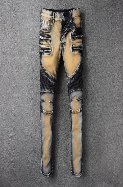 Nuovo designer Men Jeans Grey Yellow Color Slim Fit Denim MOTORYCLE PANTS High Street Bal Biker Jeans Homme5035268