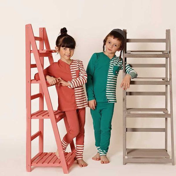 Pijamalar AA Çocuk Giysileri 2 Parçalı Üst ve Pantolon Yarı Çizgili Pijama Çocuk Giyim Erkek/Kız Giyim Açık Ön Tüm Yıl Yuvarlak2405