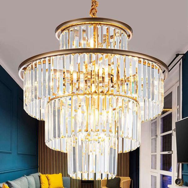 Luminária de lustre de cristal de ouro luxuoso para sala de jantar, sala de estar e cozinha - iluminação pendente de penduramento redondo de 4 camadas moderna por LighCeac 23 14.