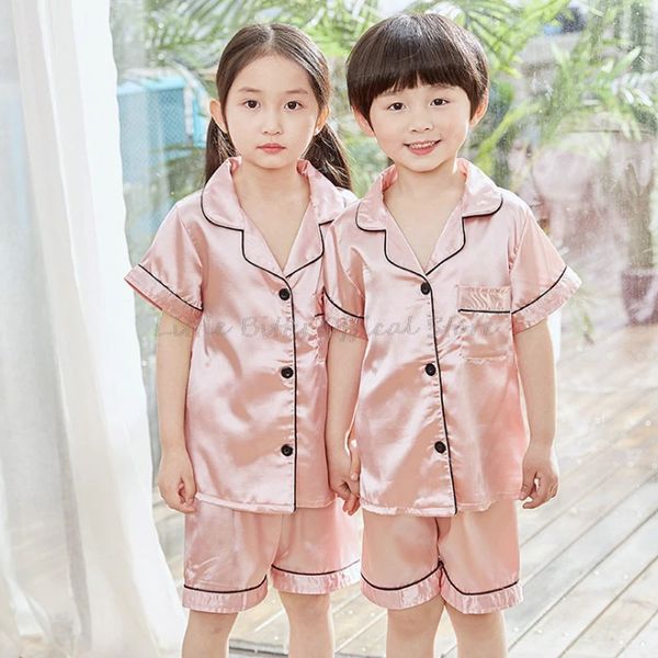 Verão de manga curta cetim rosa pijama de seda conjuntos de roupas de meninas para crianças conjuntos de roupas de sono para meninas pijama para 2-14 anos 240506
