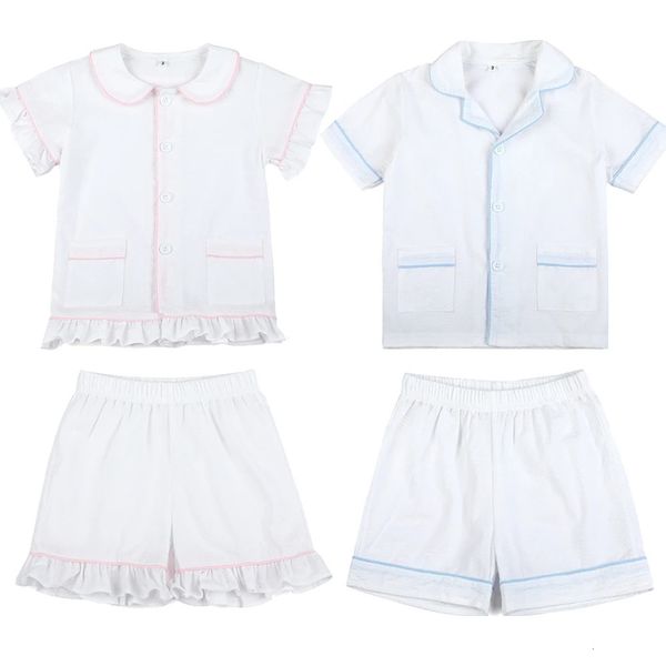 Großhandel 100% Baumwoll weiße Babykleidung Kleinkind Jungen Mädchen Pyjamas Sets Nachtwäsche 2024 Sommergeschwister Outfits Kinder Pyjama 240506