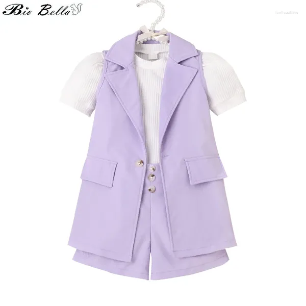 Set di abbigliamento da 3-7y ragazze per bambini si adattano ai bambini maniche a pedaggio a pedaggio bianco phorts phorts viola 3pcs abiti estivi