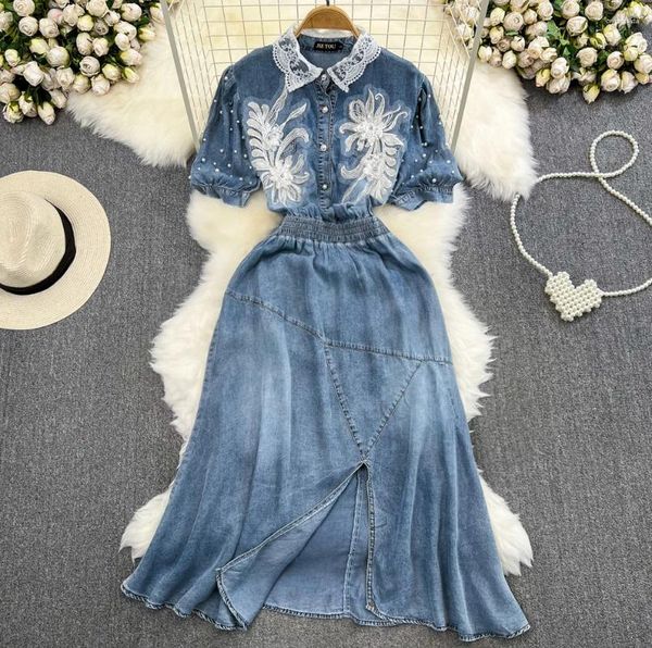 Parti elbiseleri şık moda kadınlar yaka denim gömlek elbise fransa inci düğmesi nakış çiçek boncuk yumuşak kovboy bölünmüş midi