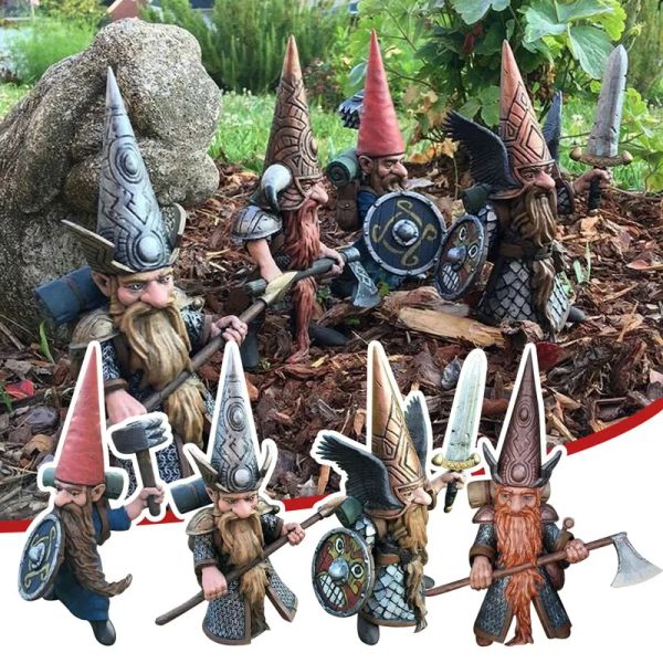 Esculturas criativas de capacete completo do gnomo barbudo com capacete de espada Gnome Warrior Home Decor, Ornamento de artesanato de estátua de estátua ao ar livre