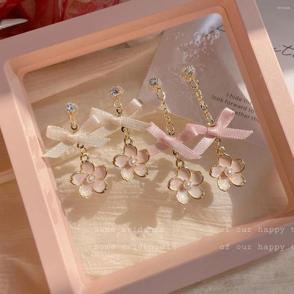 Dangle Ohrringe Kadrufi süße Mädchen Sommer rosa Stoff Bogenblüte für Frauen koreanische Mode Blumenstropfen Ohrring Juwely Geschenk