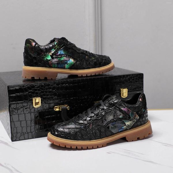 Lässige Schuhe schwarzer Python Lederpaarstil Trend echter Schaffell in innerer Gummi-Sohle-Schnür-Turnschuhe