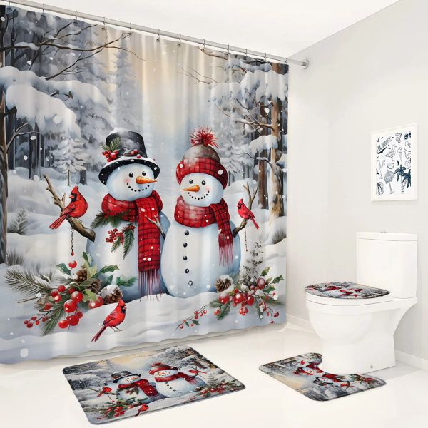 Vorhänge Weihnachten Schneemann Duschvorhang Set Winter Waldbäume Rote Beerenvögel Weihnachtsbadezimmer Dekor Teppich Bad Matten Toilettendeckel Deckel