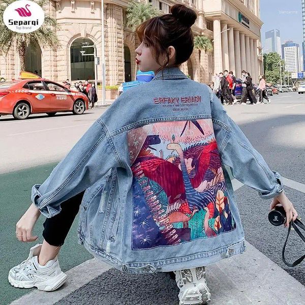 Damenjacken separqi Frauen Denim Jacke Feminine Frühling Herbst Boho Blumenanwendungen Stickmantel Langarm Outerwear Frauen Veste