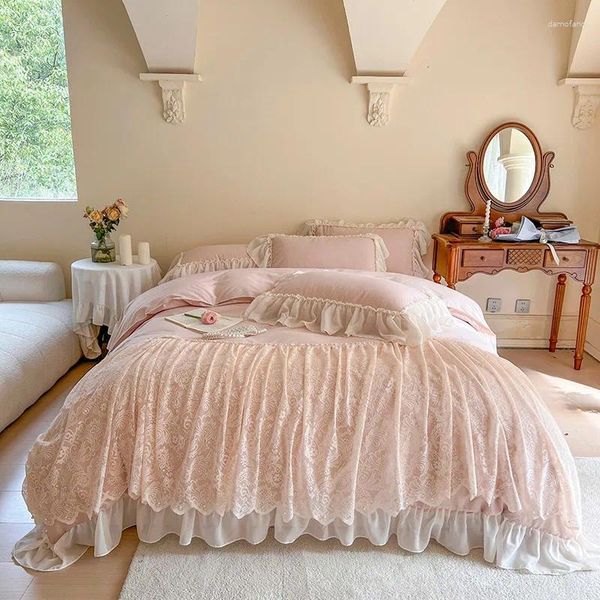 Conjuntos de roupas de cama de algodão lavado rosa elegante e elegante arestão de bordas mole chiques design de renda de renda capa de tampa de lençóis de lençóis para meninas