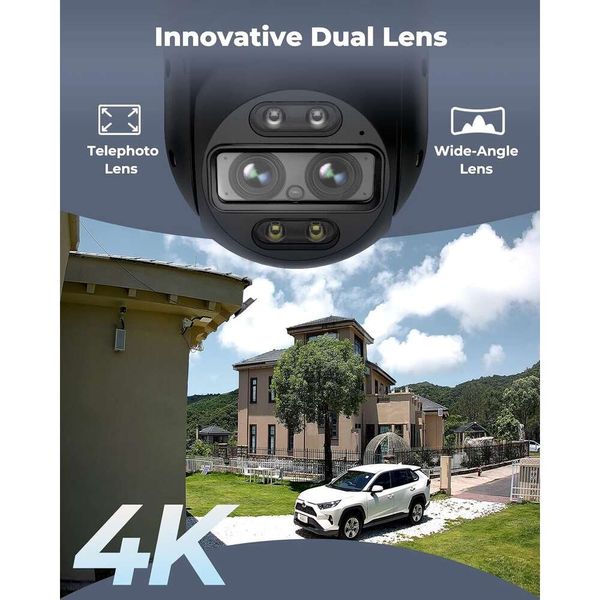 4k verkable WiFi Outdoor -Kamera 8MP Dual -Objektiv -Überwachungskamera 360 PTZ Kamera Wauto Tracking 2,4/5GHz WiFi Smart Person Vehicle Detection 6x Hybrid Zoom Color Night Vision
