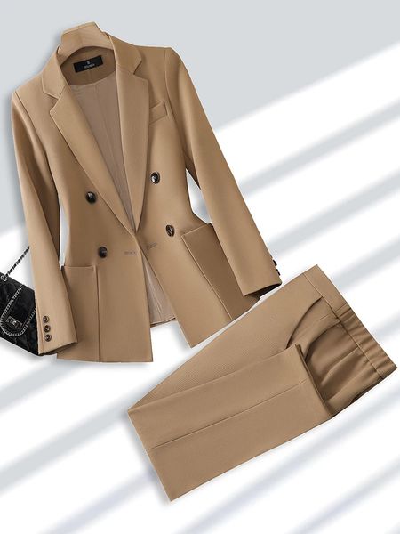Moda Ladies Pant Suit Formal Women Office Business Work Use Blazer e Trouser Bege Black Khaki 2 Peças Conjunto com bolso 240506