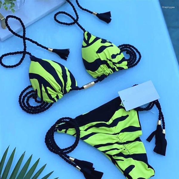 Menas de banho feminina Zebra Printing Swimsuit Sexy Brasilian Rope Mulheres Micro Biquíni Conjunto Triangle Beach Biquinis