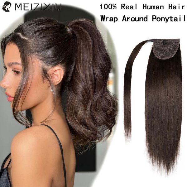 Шоколадный коричневый хвостик в человеческих волосах наращивание на 100% настоящие волосы хвостики в наращивании волос для женщин Волшебная обертка около 22 дюйма 240507