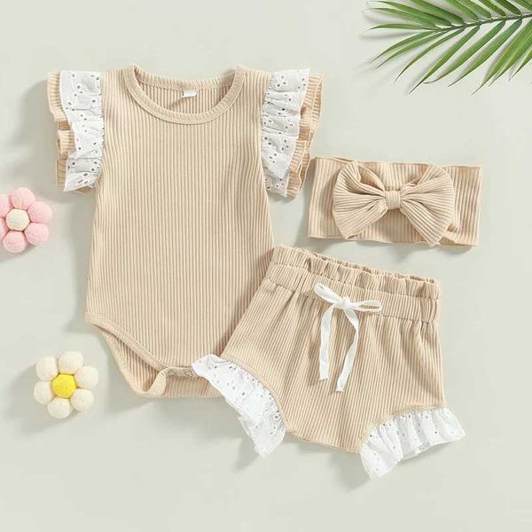 Set di abbigliamento adorabili ragazze neonate estive abiti da fiori a cavalli cavi manica a maglia a maglia+cortometraggi in vita alta+fascia H240507