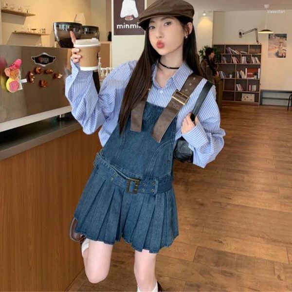 Vestidos de trabalho vestido de jeans vintage terno de vestido coreano Mulheres de lapela longa camisa de manga longa Tops com mini Y2K Cídhar de cálice Camisole Conjunto plissado