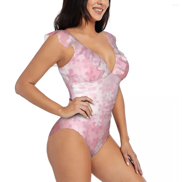 Donne da bagno femminile Donne Pink Cherry Blossoms in Full Bloom One Piece Sexy Ruffle Surve Summer Beach Wear Sliem Greming Bareding A costume da bagno