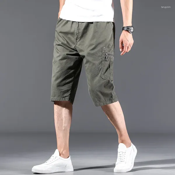 Shorts masculinos 2024 Men Long Cargo Pocket Zipper Bermuda Maleas de algodão elástico de algodão solto de verão masculino 3/4 de comprimento calça