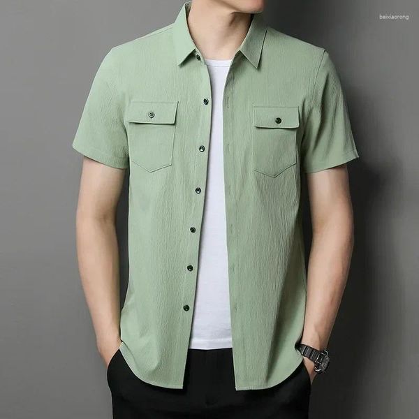 Erkekler Sıradan Gömlekler 2024 Yaz Polo Sold Renk Hardigan Düğmesi Cep İşi İş Giyim Kısa Kollu T-Shirt Moda Resmi Gevşek Gömlek Üstleri