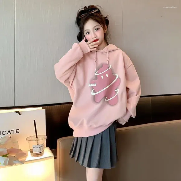 Kleidungsstücke koreanische junge Mädchen rosa Kapuzen-Sweatshirts plissierte Röcke loser kausaler Kordelzug Pullover 2024 Frühling 4-12 Jahre alt