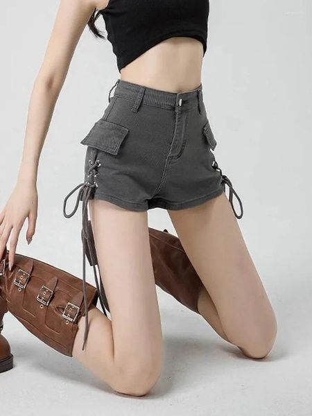 Shorts femminile 2024 Streetwear vintage Denim Cargo Donne Sexy High Waist Grey Slim Lace Up Amercian Retro A Line