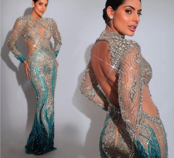 Abendkleid Kylie Jenner Langes Kleid Langarm O Hals Applikationen Blau Kristalsyousef Aljasmi Kim Kardashian Frauen Stoff Kylie Jenner Kendal Jenner