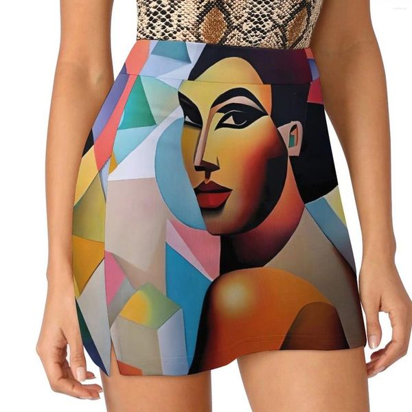 Saias Lady Face Art Board Skirt Women Women Cubist Style Retro Mini High Caist Graphic Street Wear Casual 2xl 3xl 4xl