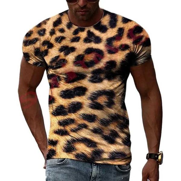 Erkek Tişörtler Erkek Yaratıcı Hip-Hop Style Mens T-Shirt 3D Leopar Tiger Hayvan Cilt Harajuku Yuvarlak Boyun Mens Giysileri Çocuk Tişört Trend T240505