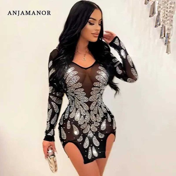 Vestidos sexy urbanos anjamanor shinestone msh se sexy sem costas vestidos de corpo para roupas de boate de data transparente vestido preto brilhante d82-df23 t240507