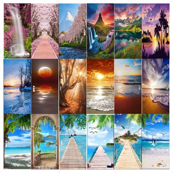 Aufkleber Pink Memory Tür Aufkleber Seaside Sunset Wallpaper Sommer Beach Poster Home Dekoration PVC wasserdichtes Selbstadhäsion Wandgemälde