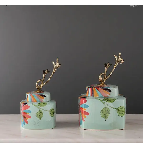 Bottiglie di stoccaggio in stile cinese Serbatoio ceramico dipinto dipinto a mano mobili per la casa in rame puro box desktop con coperchio