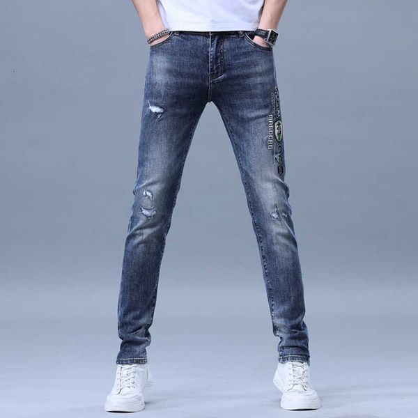 Jeans de diamante impresso para homens verão fino elástico moda moderna magro fit