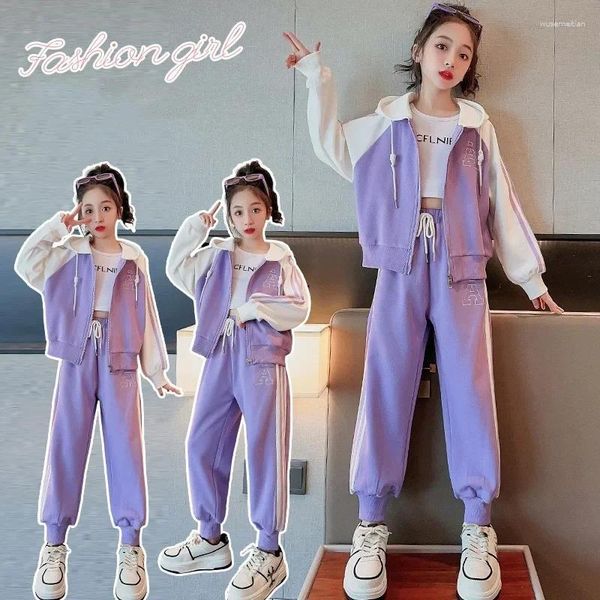 Set di abbigliamento Spring Autumn Girl Lavender Contrast Contrasta con cappuccio con cappuccio con cappuccio Sude Panno della Sude per bambini Outfit da jogger da jogger per bambini