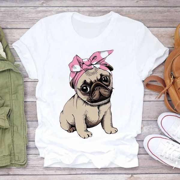 Camiseta feminina adorável pug cão camiseta feminina tops verão casual tamis tamis femme short les gráfico de verão feminino de camiseta d240507