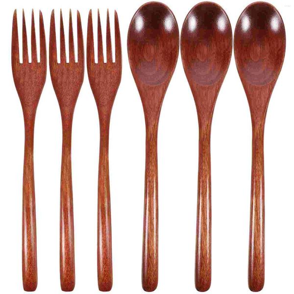 Conjuntos de utensílios de jantar 6 pcs colher de pau e bifurcação de duas peças com alça longa alça longa portátil utensílios de mesa portáteis adultos