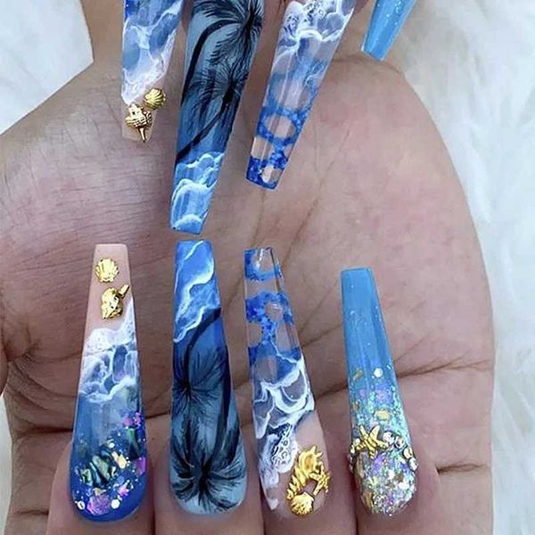 Ложные гвозди 24pcs длиной балерины False Nail Naving нажима на ногтях с полной крышкой Blue Purple Gradient Flash.