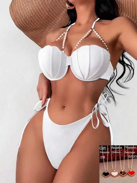 Swimwear femminile 2024 sexy bikini bianco da donna perle perle da bagno nera push up costumi da bagno costume da bagno solido reggiseno sotto cablato reggiseno bikini set di bikini t240505