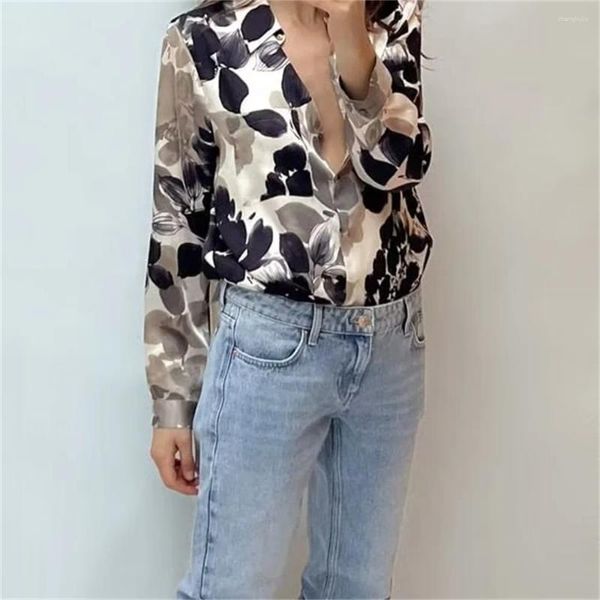 Blusas femininas 2024zar primavera/verão vendendo manga comprida lapela flor impressa textura de cetim de seda camisa pendurada