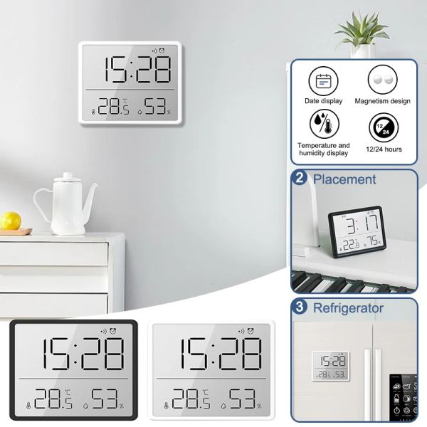 Orologi Magnetic LCD Digital Digital Clock Umidità di temperatura Data di grande schermata Display Multifunzionale Frigorifero Montaggio montato