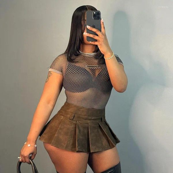 Saias 2024 Moda de verão PU Empire Pleated Skirt Sexy Mini for Women Club Party Festy Clothing