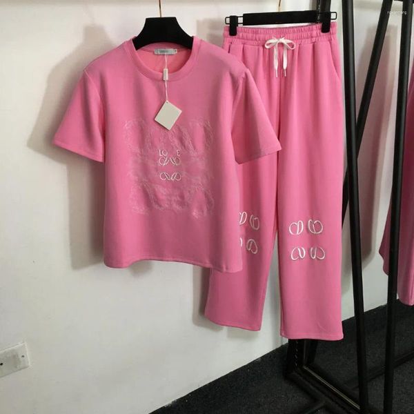 Kadınlar İki Parçalı Pantolon Tasarımcı Marka Takım Logosu İşlemeli Mektup Kısa Kollu T-Shirt Sıradan Geniş Boy Pantolon Gri Pembe Ordu Yeşil