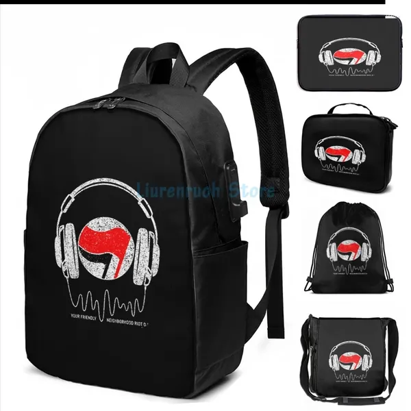Backpack Funny Graphic Print Riot DJ USB Charge Men Bags Escola Laptop de Viagem para Mulheres