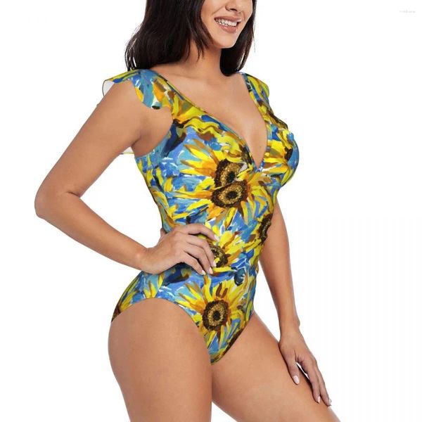 Frauen Badebekleidung Frauen ein Stück Badeanzug Sonnenblumen Impressionismus Frau Schwimmbikinis schieben up Monokini sexy Rüschenbadeanzug