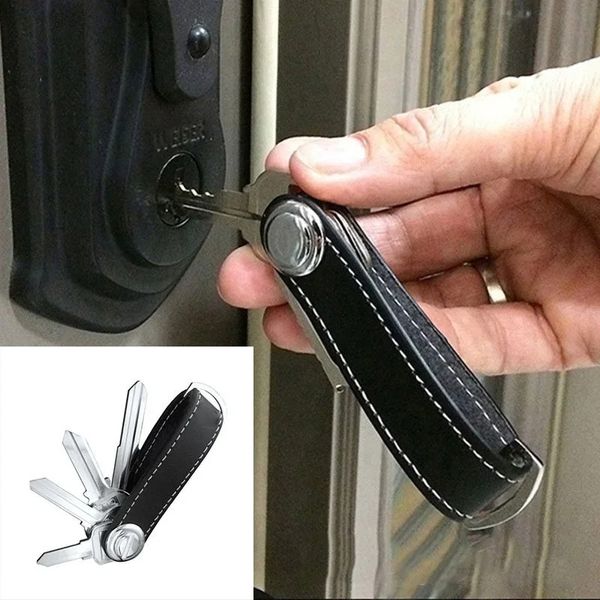 Yüksek dereceli deri paslanmaz çelik anahtarlık araba anahtar halkaları tutucu kılıf küçük taşınabilir temizlikçi anahtar organizatör çanta anahtar cüzdan