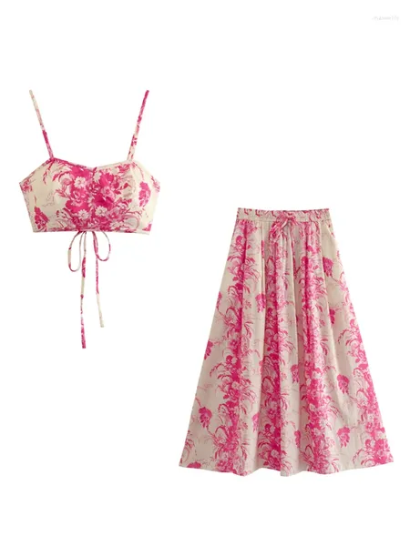 Рабочие платья 2024 летние женские печатные камизолы Sexy Sexy Rideveless Hailter Top Pink Pink Floral Skirt Bohemian