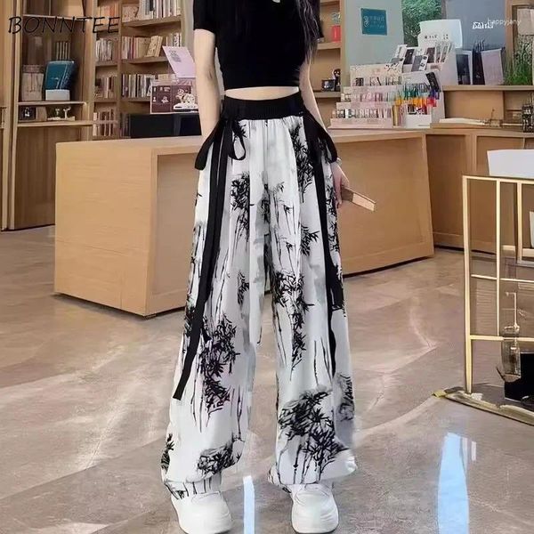 Calça feminina feminina tinta impressa em estilo chinês Silk Chiffon verão reto e casual Casual All Match Fashion Troushers Daily Mujer