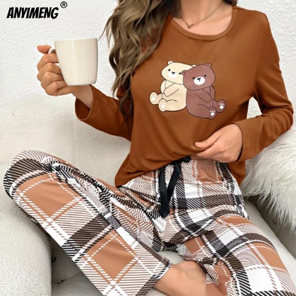 Pijamas para mulheres do sono feminino Autumn Pijamas Conjunto de mangas compridas calças cheias Pijama leite de seda de seda loungewear